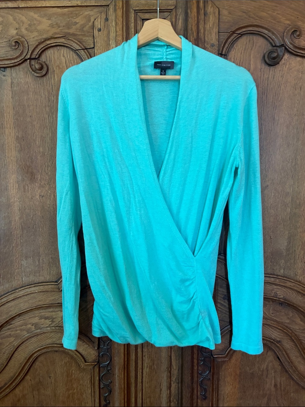 The Limited Aqua Blue Faux Wrap Top Ruched - Picture 2 of 8